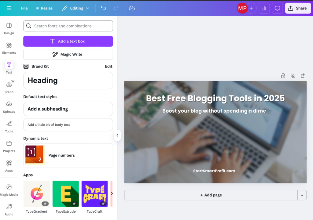 Canva free design tool used to create graphics for blogs