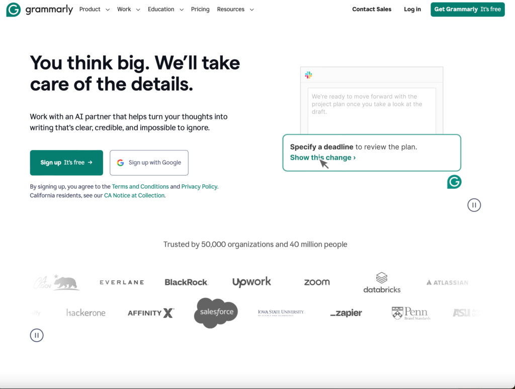 Screenshot of Grammarly free tool for improving blog writing