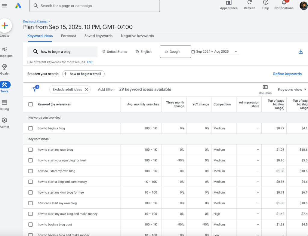 Google Keyword Planner tool showing keyword ideas for bloggers